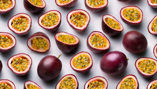 Seamless pattern of healthy halved passion fruit