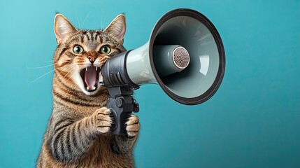 Funny cat holding a loudspeaker and screaming, creating a humorous and quirky visual perfect for memes, pet-related campaigns, or social media content. 