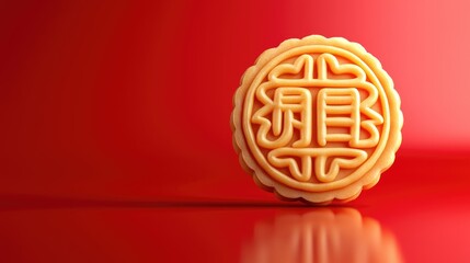 A golden mooncake with intricate designs rests against a vibrant red background, symbolizing tradition and celebration.