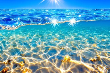 Fototapeta premium Crystal-clear blue water surface gently rippling with light reflections, revealing a sandy ocean bottom beneath. Generative AI