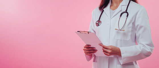 A female doctor holding a medical report on a isolated pink background, close-up view of hands with a stethoscope in a white coat, banner design. Space for text copy.