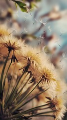 Obraz premium Soft dandelions flower, extreme closeup, abstract spring nature background