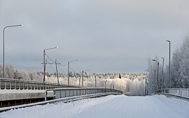 Naklejka premium A landscape over a bridge to frosty woodland
