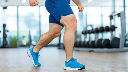Obraz premium Athletic man running in gym with blue sneakers and shorts