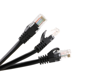 Black network cables with molded RJ45 plug on transparent background (PNG File)