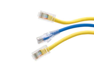 Multi colored network cables with molded RJ45 plug on transparent background (PNG File)