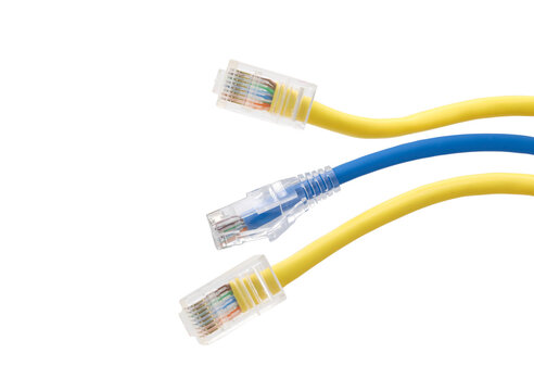 Multi colored network cables with molded RJ45 plug on transparent background (PNG File)