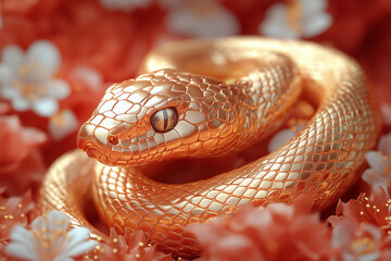 Obraz premium Golden snake on a red background, Chinese New Year concept