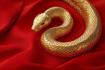 Obraz premium Golden snake on a red background, Chinese New Year concept