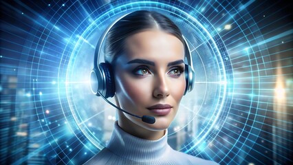 A futuristic professional woman wearing a headset, attentively monitoring data streams displayed on multiple interactive screens