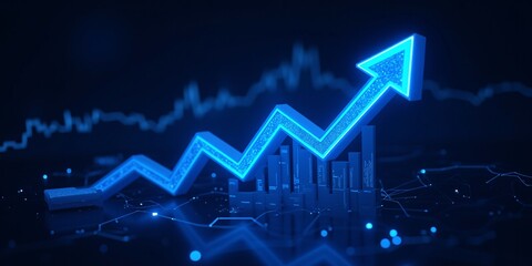 Blue arrow soaring upwards, signifying growth and progress.  Data points and graphs create a dynamic backdrop, reflecting market trends.