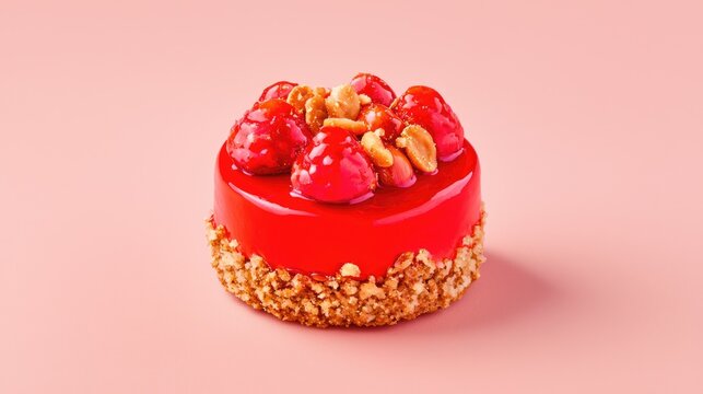 A vibrant red dessert topped with raspberries and walnuts on a crumbly base, set against a soft pink background.