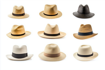 Collection of Panama hats isolated on a white background