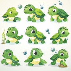 Obraz premium Series of cute green turtles with different expressions