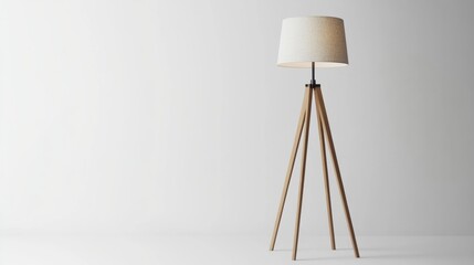 A stylish floor lamp with a tripod stand and a fabric shade, isolated on a seamless white background,