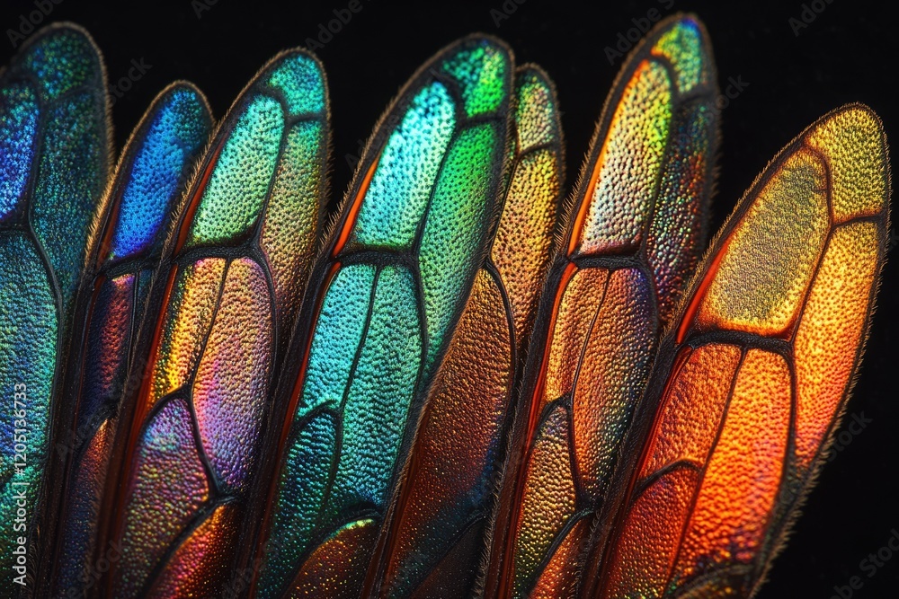 Poster Close-up of iridescent insect wings showcasing vibrant colors and intricate vein patterns.
