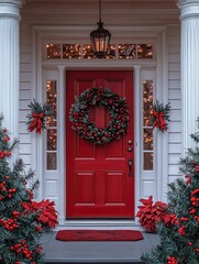Fototapeta premium Festive holiday decor front door image residential area close-up christmas spirit
