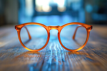 Close-up of orange glasses with round frames on wooden table