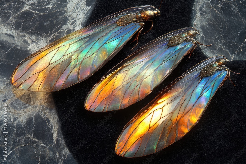 Poster Three iridescent insect wings with vibrant colors and intricate patterns displayed on a dark marble surface.