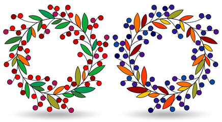 A set of stained glass illustrations with floral wreaths with berries and leaves, isolated on a white background