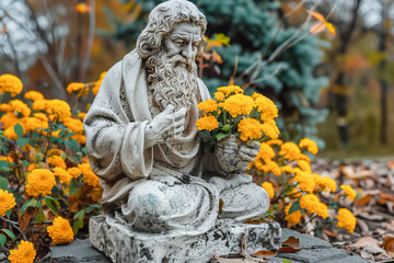 Stone sculpture of elderly man holding marigold flowers in garden setting