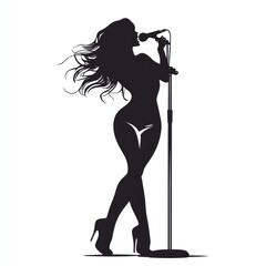 Naklejka premium Silhouette woman singing microphone stage performance music poster.