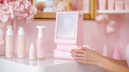 A customer testing a personalized skincare regime through an AI-powered beauty kiosk