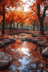 Autumn park stream reflection sunrise serenity