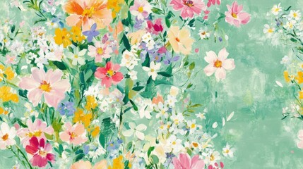 Delicate wildflower pattern on lush green background, intricate design, perfect for textiles, wallpapers, and home decor applications