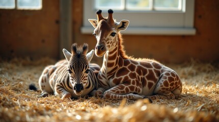 Obraz premium A baby giraffe and zebra resting in a zoo nursery on straw bedding, bathed in soft light, while caregivers look on, providing a peaceful setting for the young animals.
