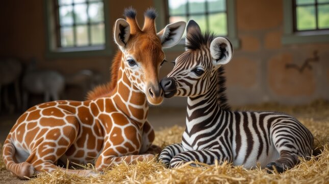 A baby giraffe and zebra resting in a zoo nursery on straw bedding, bathed in soft light, while caregivers look on, providing a peaceful setting for the young animals.