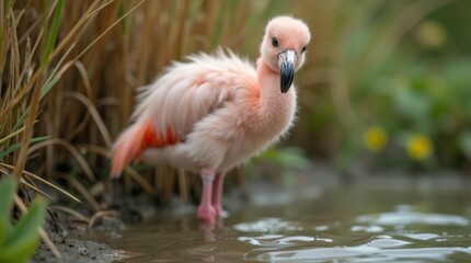 Fototapeta premium Close-up of a baby flamingo chick standing near water, curiously observing its surroundings, with soft pink feathers and lush greenery in the background.