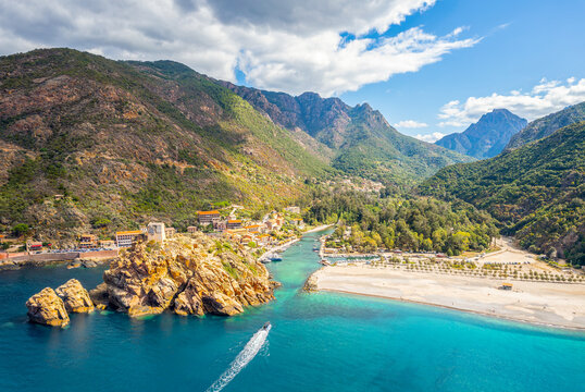 Aerial view with Porto village to the west of Corsica, France