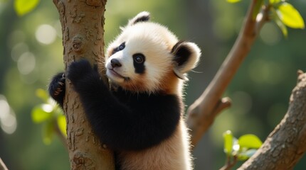 Obraz premium A close-up of a playful baby panda climbing a tree in a zoo exhibit, bathed in soft sunlight, celebrating the zoo's baby season.