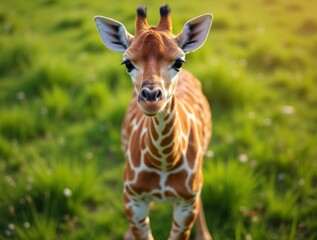 A close-up of a curious giraffe calf in a green field, with soft sunlight highlighting its coat and long legs, capturing the innocence of young wildlife.