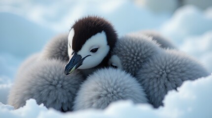 A group of penguin chicks huddling together in the snow for warmth, showcasing their fluffy feathers and the cold, snowy Antarctic environment.