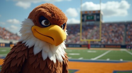 A detailed eagle mascot costume with realistic feathers, standing on a sports field, radiating pride and anticipation for the big game.

