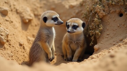 Close-up of two meerkat pups standing alert on their hind legs, scanning their environment with curiosity, set against a desert landscape.