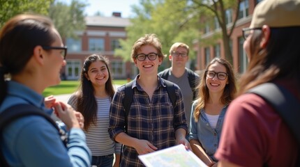 New students in a campus courtyard listening to a guide with a map, friendly and welcoming atmosphere, ideal for orientation and campus tours.