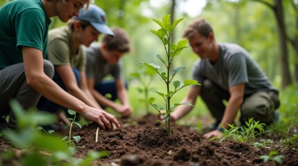 A group of volunteers planting trees in a wildlife conservation project, promoting reforestation efforts and the preservation of natural ecosystems.