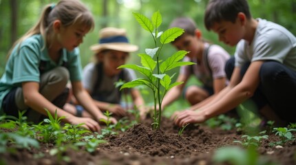 A group of volunteers planting trees in a wildlife conservation project, promoting reforestation efforts and the preservation of natural ecosystems.
