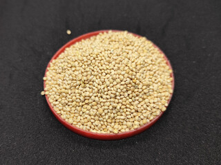 Millet seeds in red container. Millet seeds for bird feed.