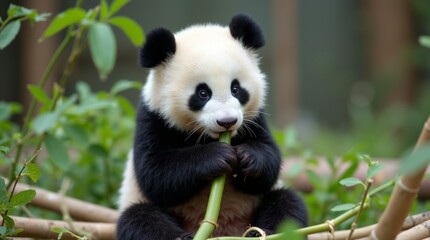Obraz premium A playful panda cub eating bamboo in a zoo enclosure, surrounded by lush greenery, capturing the cuteness and natural behavior of this young animal.