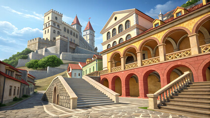 Architectural background of buildings with stairs and arches. Bright castle, ancient housing against the blue sky - 3D, render. Banner, card for travel, presentations, advertising with copy space.
