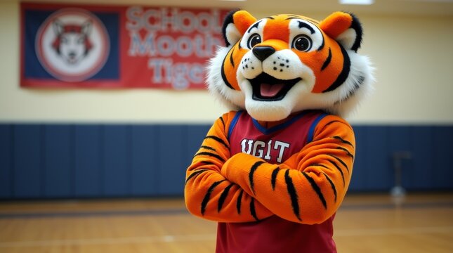 A fierce tiger mascot in school colors standing in a gym, arms crossed, exuding school spirit and pride, perfect for events and rallies.