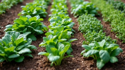 Obraz premium A vegetable garden with neatly arranged rows of carrots, peas, and spinach, using mulch for easy maintenance and optimal growth, showcasing a tidy, productive garden.