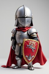 Brave Miniature Knight in Full Armor Red Cape and Heraldic Shield