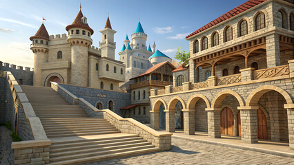Naklejka premium Architectural background of buildings with stairs and arches. Bright castle, ancient housing against the blue sky - 3D, render. Banner, card for travel, presentations, advertising with copy space. 