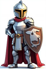 Fototapeta premium Cartoon Knight in Full Armor with Shield Medieval Fantasy Illustration