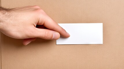 Obraz premium A close-up of a hand attaching a printed shipping label to a cardboard box in a parcel shop